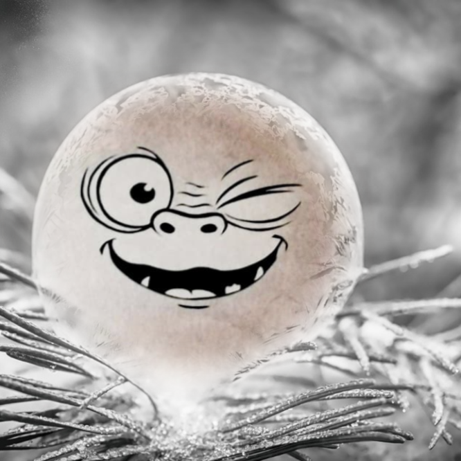 En glad, lurigt blinkande monsteremoji från boken Den lilla onda boken av Magnus Myst inuti en iskula på en frosttäckt grangren.