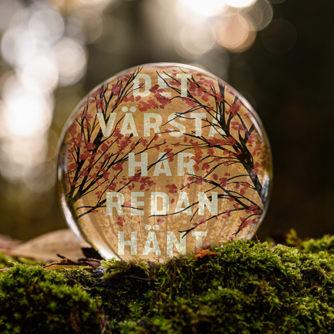 Omslaget till boken Det värsta har redan hänt av Marta Söderberg inuti en liten glaskula som är på en bädd av mossa.